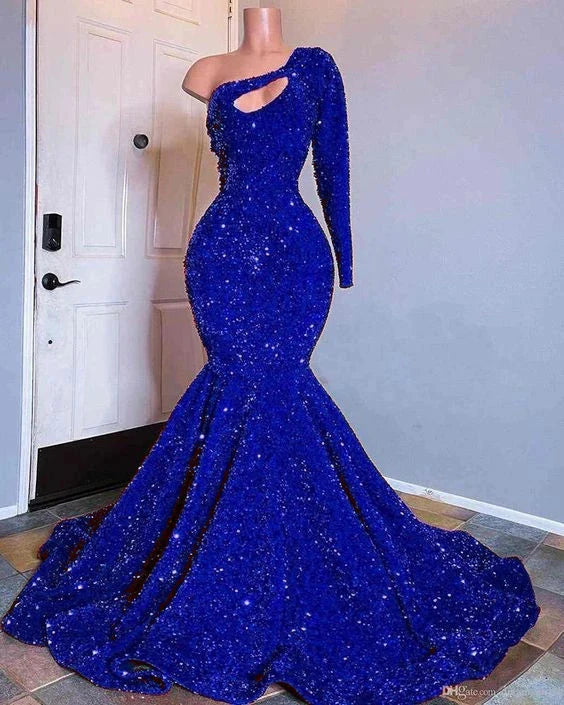 Red Sequined Mermaid Formal Prom Dresses One Shoulder Long Sleeve Sequined Keyhole Formal Prom Gowns