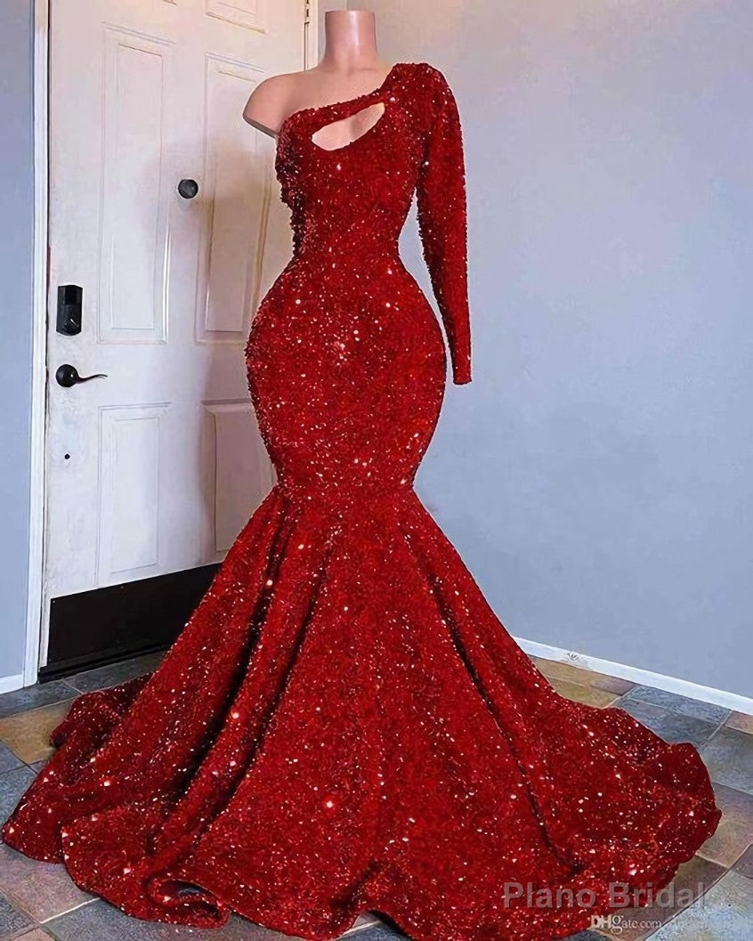 Red Sequined Black Girls Mermaid Prom Dresses One Shoulder Long Sleeve Evening Gowns Main image
