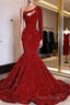Red Sequined Black Girls Mermaid Formal Prom Dresses Plus Size One Shoulder Long Sleeve Sequined Keyhole Formal Prom Gowns
