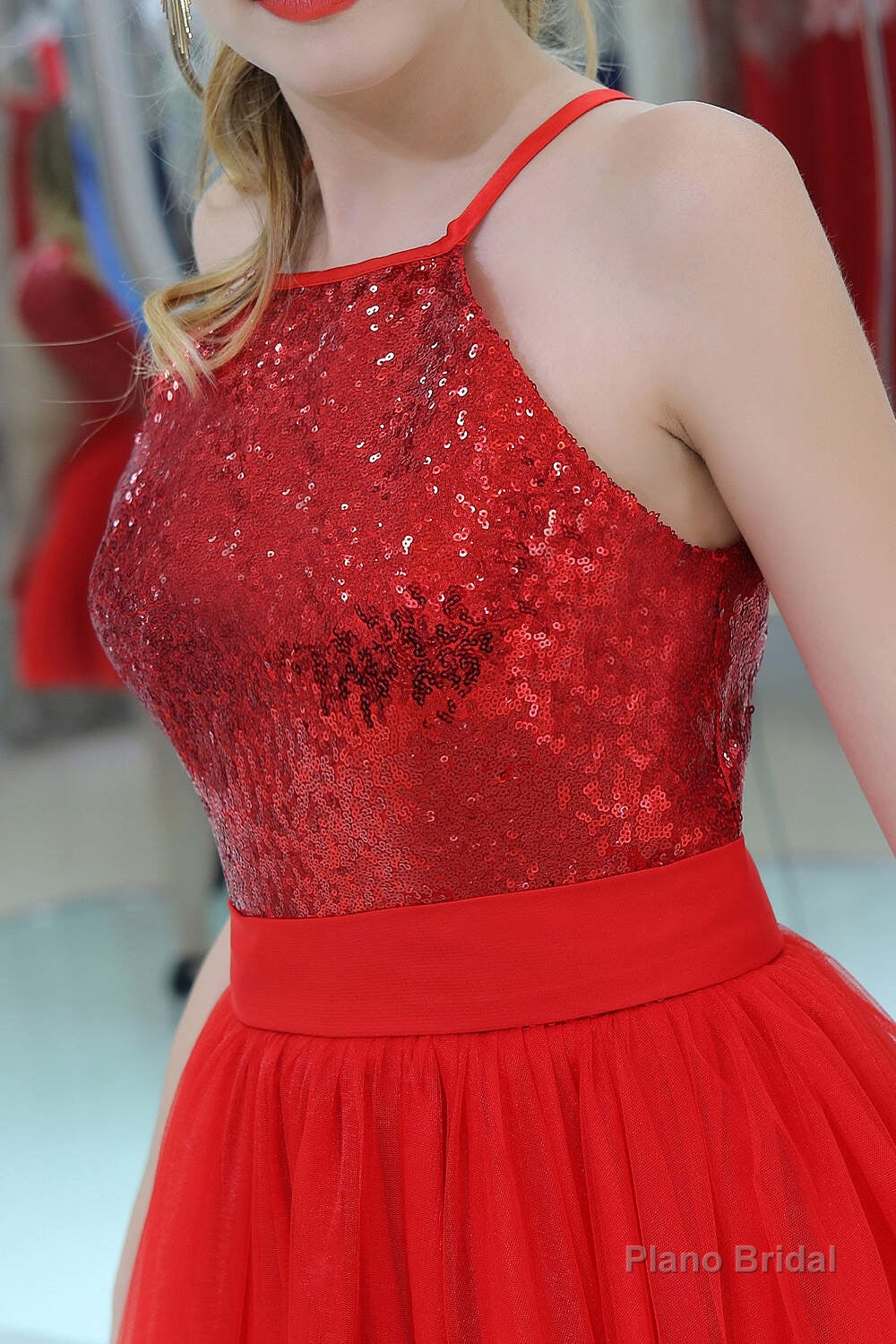 Red Sequined Tulle Strapless Homecoming Dresses