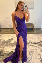 Red Sequins Glitter Prom Dress with Slit