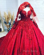 Red Sequins Lace Wedding Dresses Ball Gown Long Sleeves