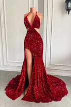 Red Sequins Prom Dress High Slit Halter