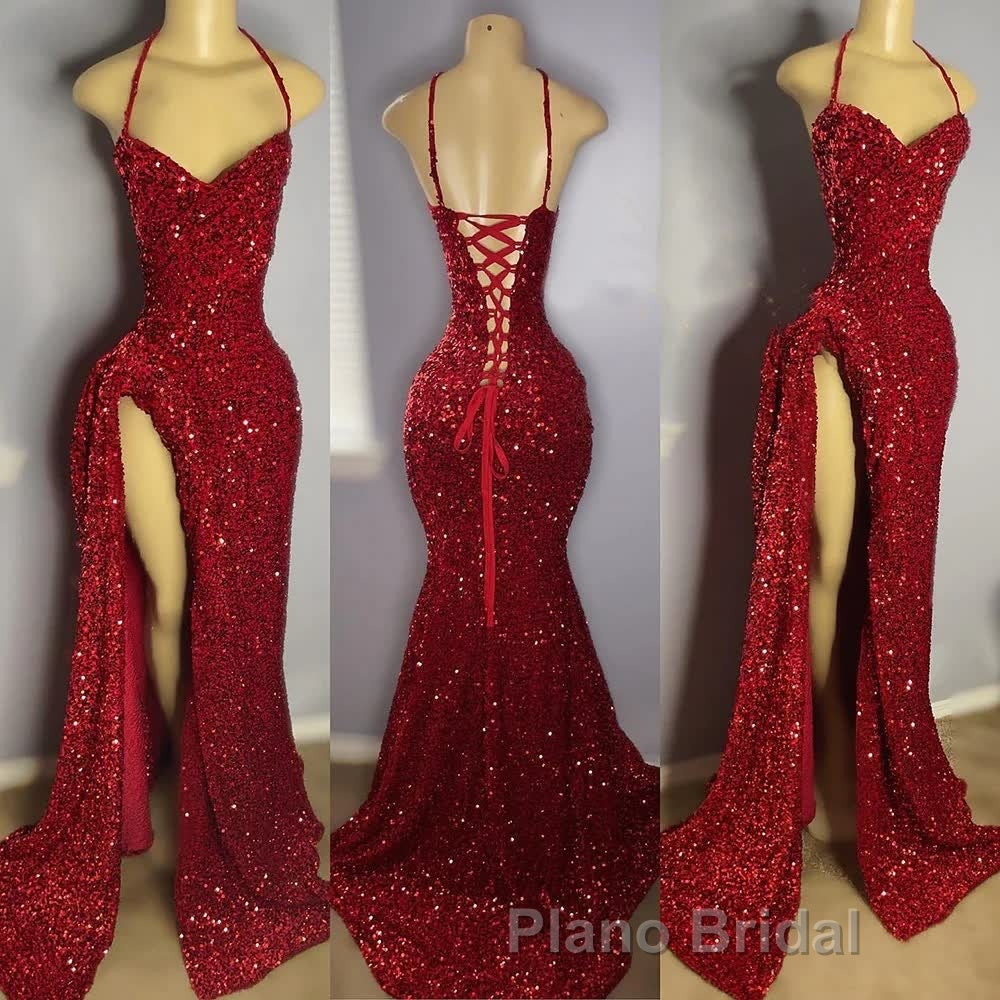 Red Sequins Formal Prom Dress High Slit Halter Sleeveless Sparkly Long Party Evening Dresses for Black Girls Secondary image