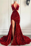Red Sequins Prom Dress High Slit Halter