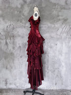 Red Shimmer Asymmetrical Layered Flounce Spaghetti Strap Dresses Evening Gown