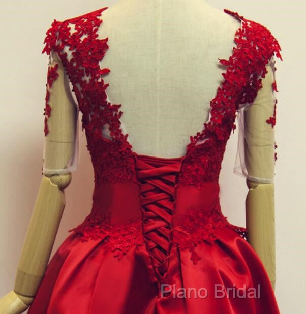 Red Short Sleeves Satin And Applique Homecoming Dresses, Red Short Formal Prom Dresses, Formal Dresses Secondary image