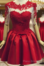 Red Short Sleeves Satin And Applique Homecoming Dresses, Red Short Formal Prom Dresses, Formal Dresses