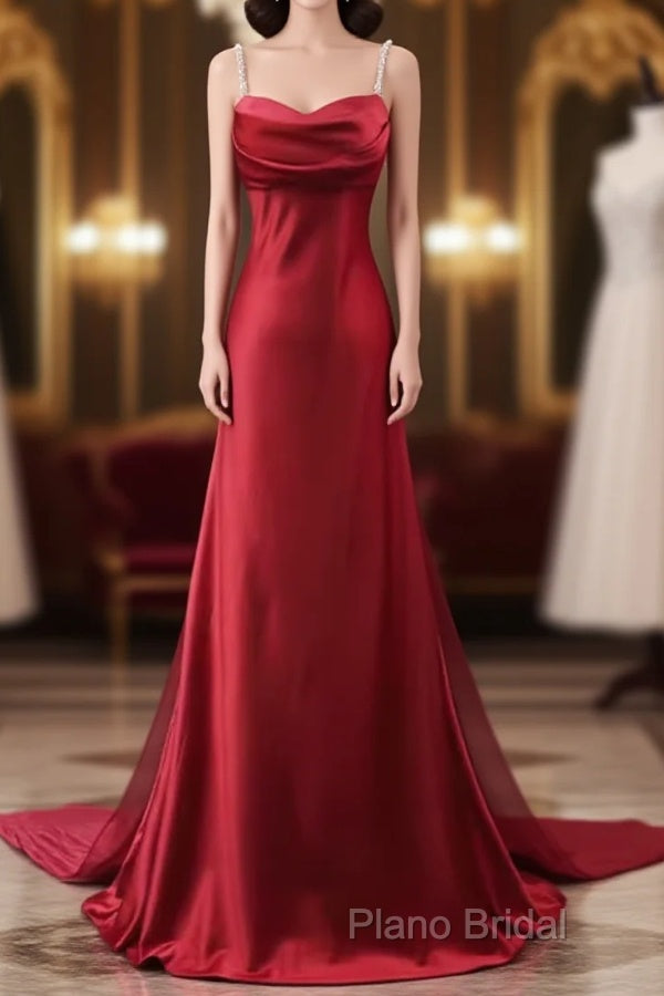 Red Soft Satin Long Party Dresses Formal Dresses, Red A-Line Formal Dresses Main image