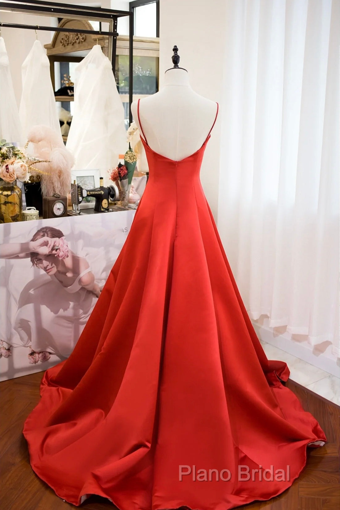 Red Spaghetti Strap Satin Long Formal Prom Dresses, Simple A-Line Formal Party Dresses Secondary image