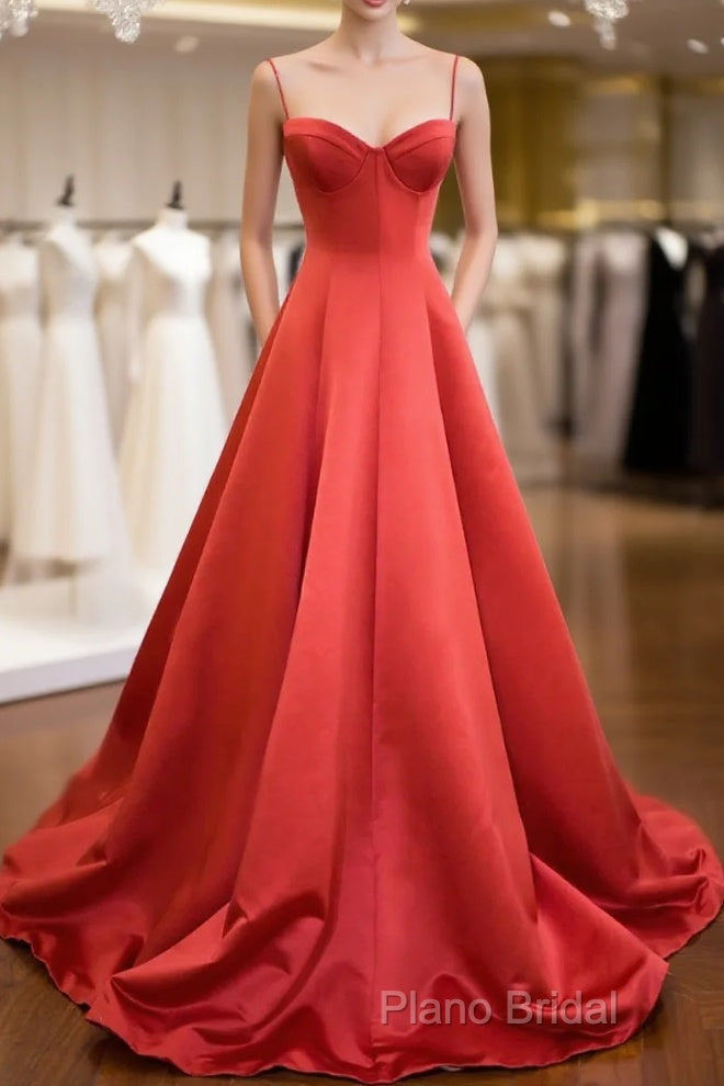 Red Spaghetti Strap Satin Long Formal Prom Dresses, Simple A-Line Formal Party Dresses Main image