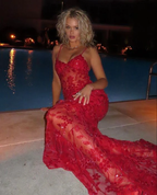 Red Spaghetti Straps Lace Beading Gorgeous Mermaid Formal Evening Dresses