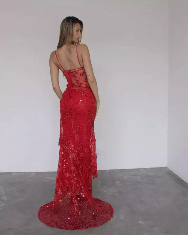 Red Spaghetti Straps Lace Beading Gorgeous Mermaid Formal Evening Dresses