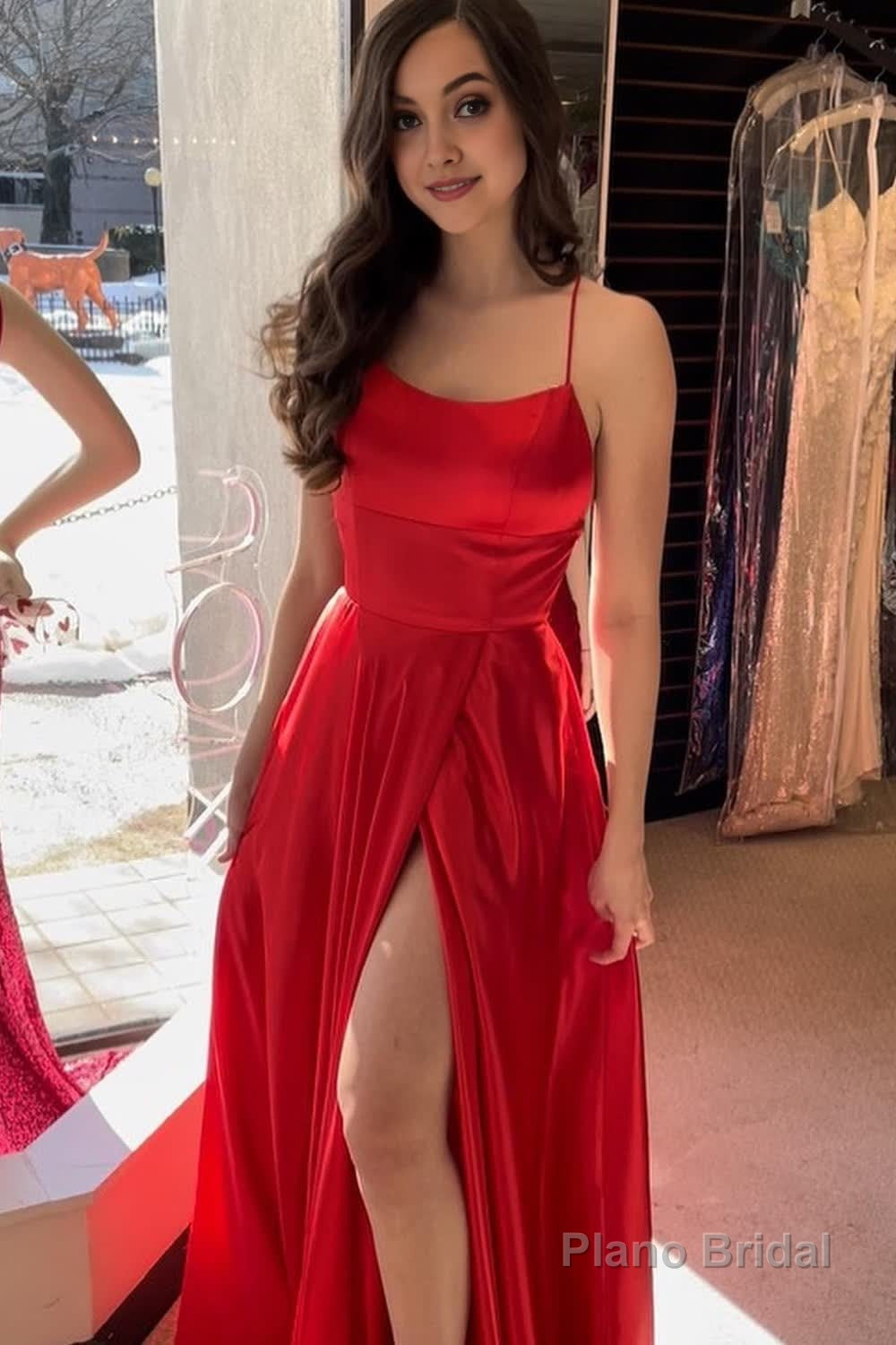 Red Spaghetti Straps Long Prom Dress with Slit Main image