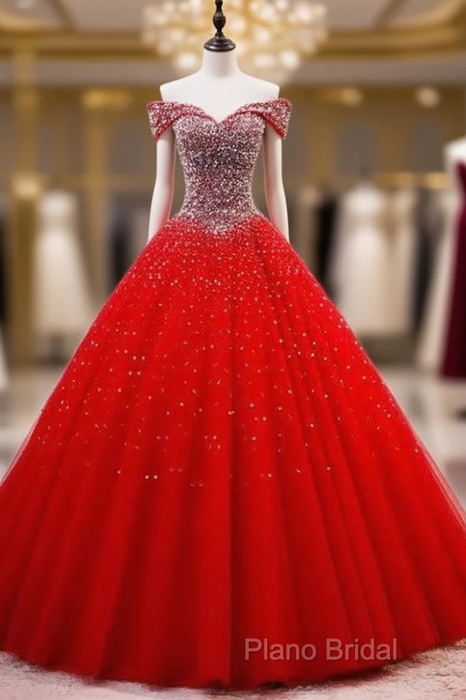 Red Sparkle Tulle Sweetheart Party Dresses, Shiny Sweet 16 Dresses
