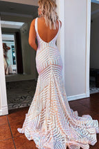 Red Sparkly Deep V Neck Sequin Mermaid Prom Dress