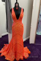 Red Sparkly Deep V Neck Sequin Mermaid Prom Dress
