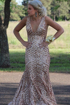 Red Sparkly Deep V Neck Sequin Mermaid Prom Dress
