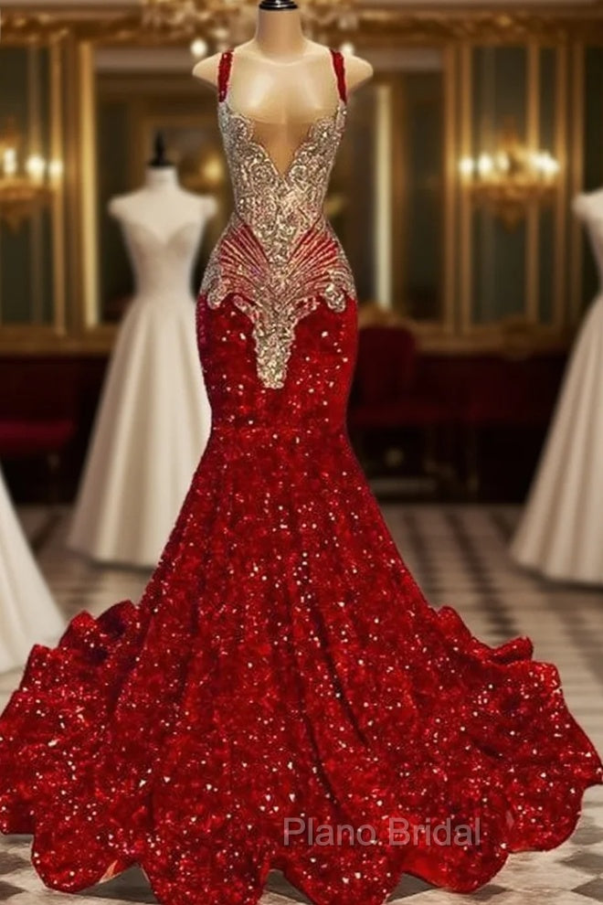 Red Square Mermaid Evening Dresses Beads Sequins Long Sleeveless