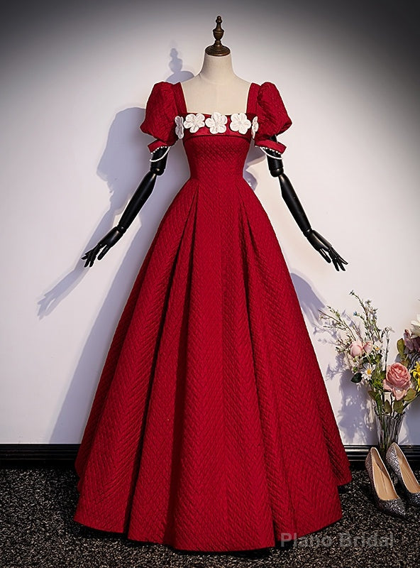 Red Square Puff Sleeve Flower Prom Dress Main image