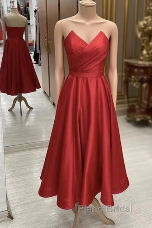 Red Strapless Midi Satin Dresses