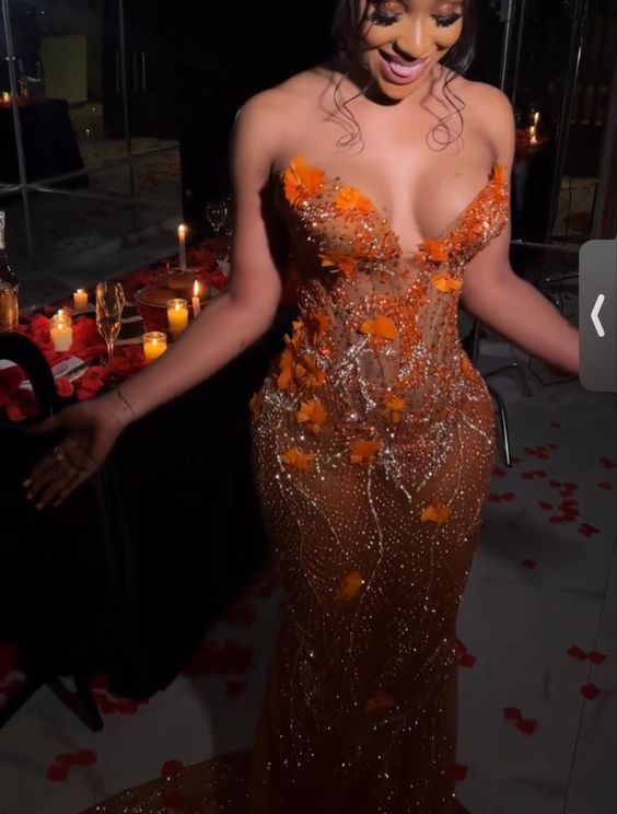 Gorgeous Orange Beaded Applique Mermaid Formal Evening Dresses Long Formal Prom Dresses