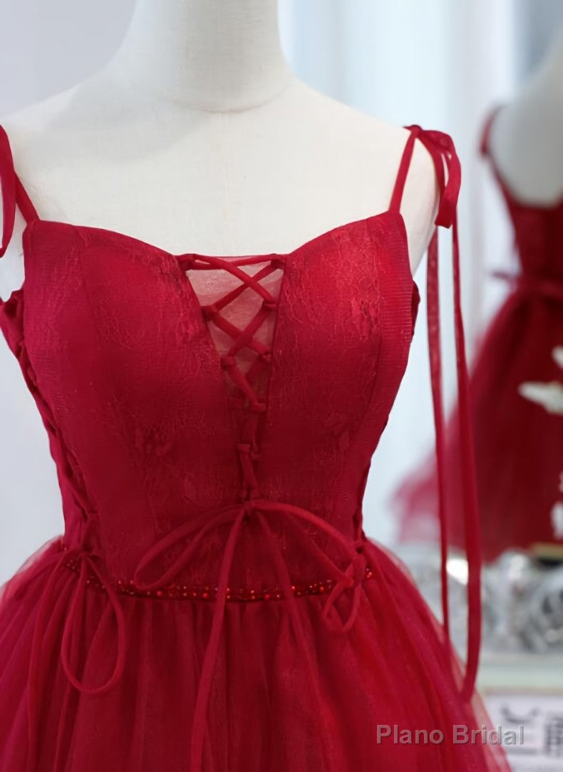 Red Straps Tulle Short Homecoming Dress Prom Dress, Red V-neckline Formal Dresses Secondary image
