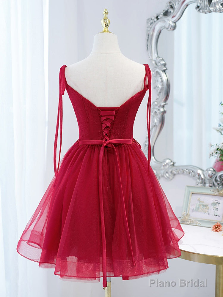 Red Straps Tulle Short Homecoming Dress Prom Dress, Red V-neckline Formal Dresses Main image