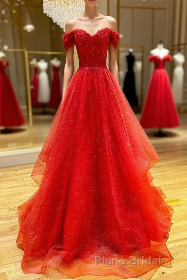 Red sweetheart off shoulder tulle long Formal Prom dress tulle formal dress Main image