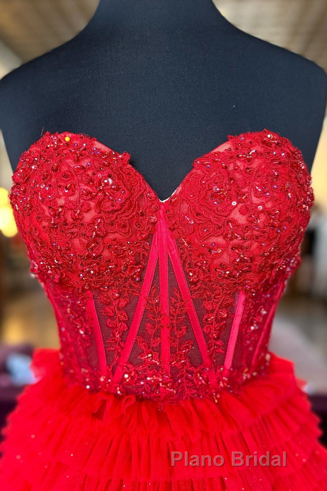 Red Sweetheart Sequins Top Multi-Layers Long Formal Prom Dresses,Tiered Prom Dresses Secondary image