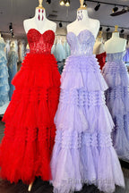 Red Sweetheart Sequins Top Multi-Layers Long Formal Prom Dresses,Tiered Prom Dresses