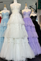 Red Sweetheart Sequins Top Multi-Layers Long Formal Prom Dresses,Tiered Prom Dresses