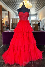 Red Sweetheart Sequins Top Multi-Layers Long Formal Prom Dresses,Tiered Prom Dresses