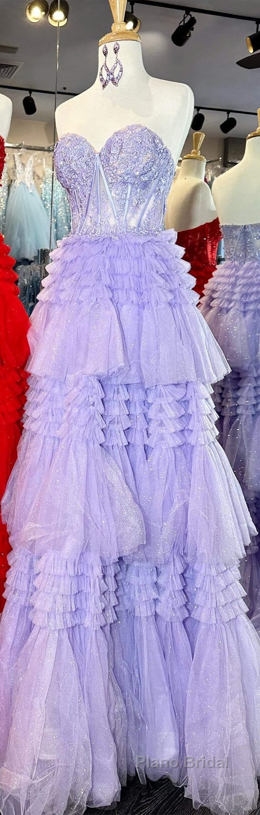 Red Sweetheart Sequins Top Multi-Layers Long Formal Prom Dresses,Tiered Prom Dresses