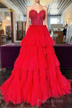 Red Sweetheart Sequins Top Multi-Layers Long Formal Prom Dresses,Tiered Prom Dresses
