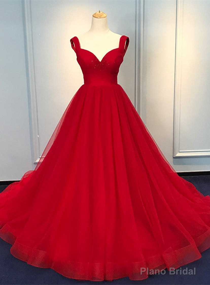 Red Sweetheart Straps Long Ball Gown Evening Dress, Red Tulle Prom Dress Main image
