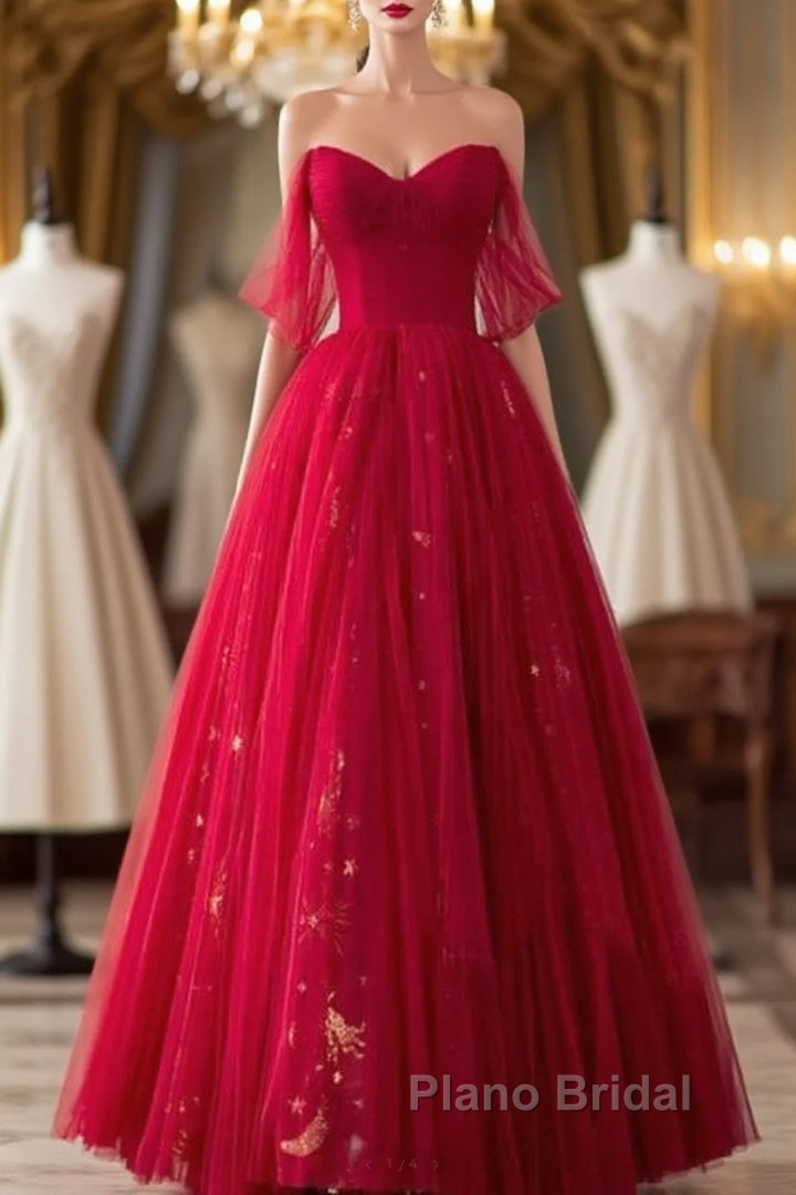 Red Sweetheart Tulle Long Beautiful Formal Prom Dresses, Wine Red Party Dresses Evening Gown Main image