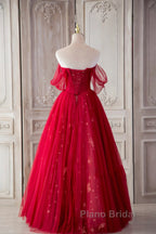 Red Sweetheart Tulle Long Formal Dresses, Red Off Shoulder Party Dresses Formal Prom Dresses