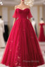 Red Sweetheart Tulle Long Formal Dresses, Red Off Shoulder Party Dresses Formal Prom Dresses