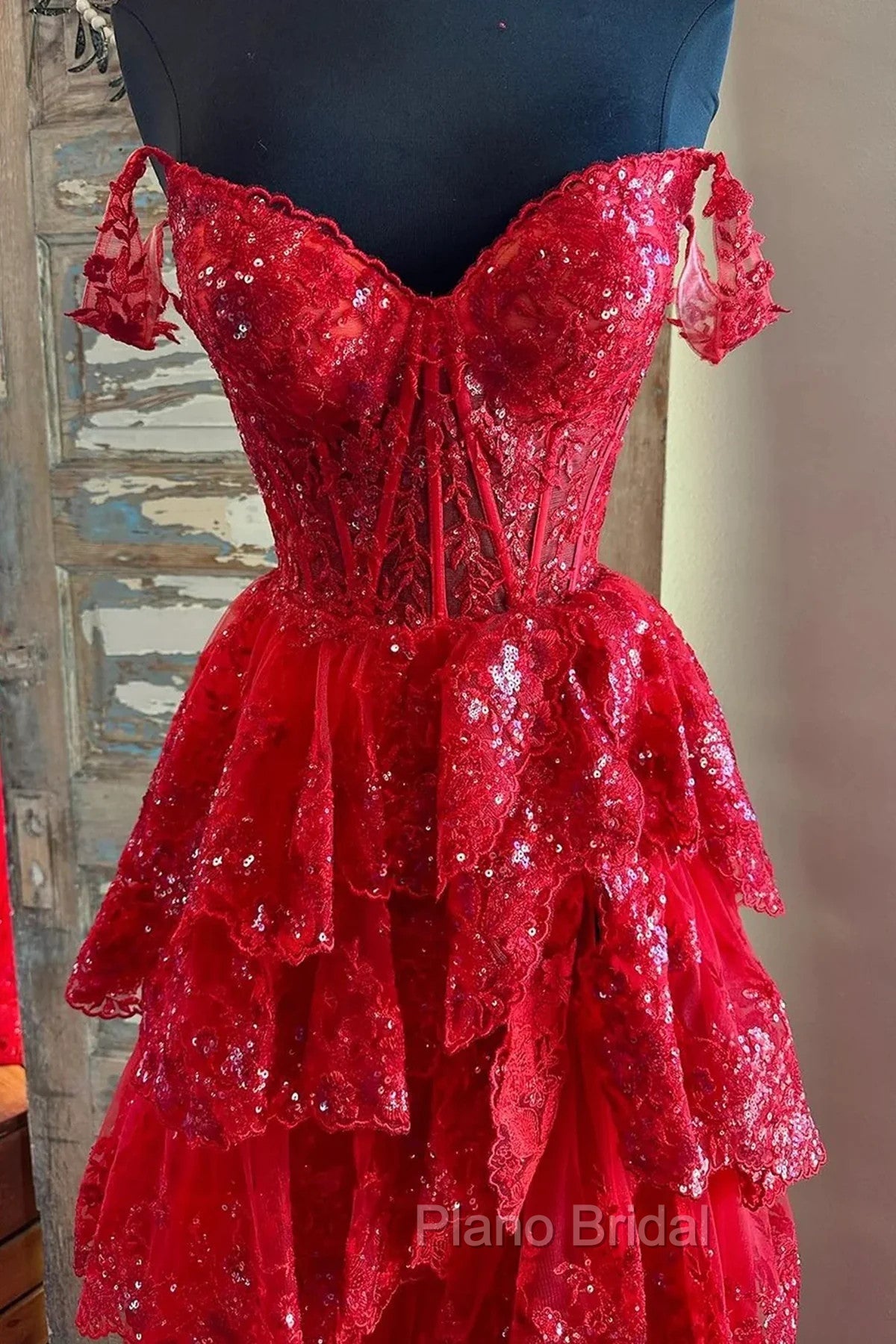 Red Sweetheart Tulle Off Shoulder Layers Long Party Dresses, A-Line Red Tulle Formal Prom Dresses Secondary image