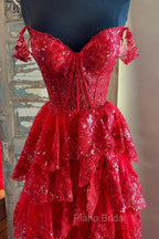 Red Sweetheart Tulle Off Shoulder Layers Long Party Dresses, A-Line Red Tulle Formal Prom Dresses