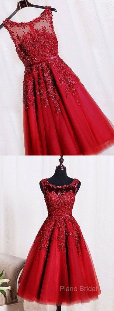 Red Tea Length Round Homecoming Dresses, Lace Applique Red Party Dresses, Vintage Style Formal Prom Dresses
