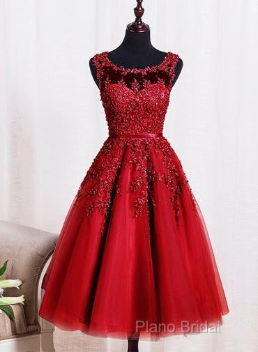 Red Tea Length Round Homecoming Dresses, Lace Applique Red Party Dresses, Vintage Style Formal Prom Dresses