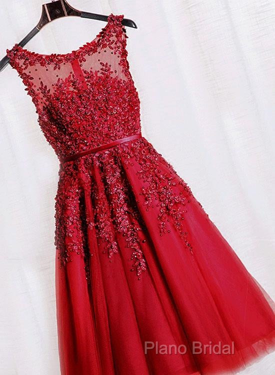 Red Tea Length Round Homecoming Dresses, Lace Applique Red Party Dresses, Vintage Style Formal Prom Dresses