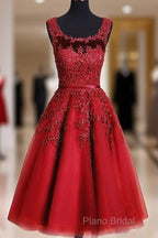 Red Tea Length Round Homecoming Dresses, Lace Applique Red Party Dresses, Vintage Style Formal Prom Dresses