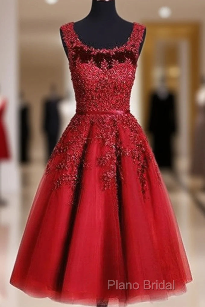 Red Tea Length Round Homecoming Dresses, Lace Applique Red Party Dresses, Vintage Style Formal Prom Dresses