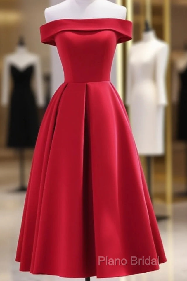 Red Tea Length Vintage Style Wedding Party Dresses, Off Shoulder Formal Dresses, Red Party Dresses Main image