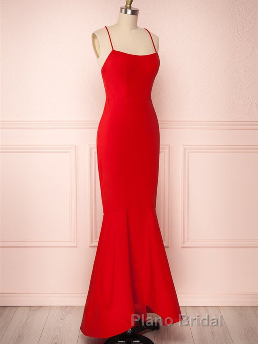 Red Thin Straps Mermaid Backless Long Formal Prom Dresses, Red Mermaid Formal Dresses, Red Evening Dresses