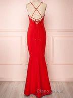 Red Thin Straps Mermaid Backless Long Formal Prom Dresses, Red Mermaid Formal Dresses, Red Evening Dresses