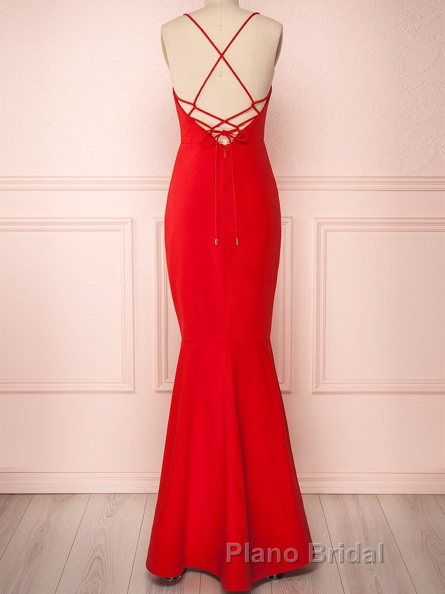 Red Thin Straps Mermaid Backless Long Formal Prom Dresses, Red Mermaid Formal Dresses, Red Evening Dresses